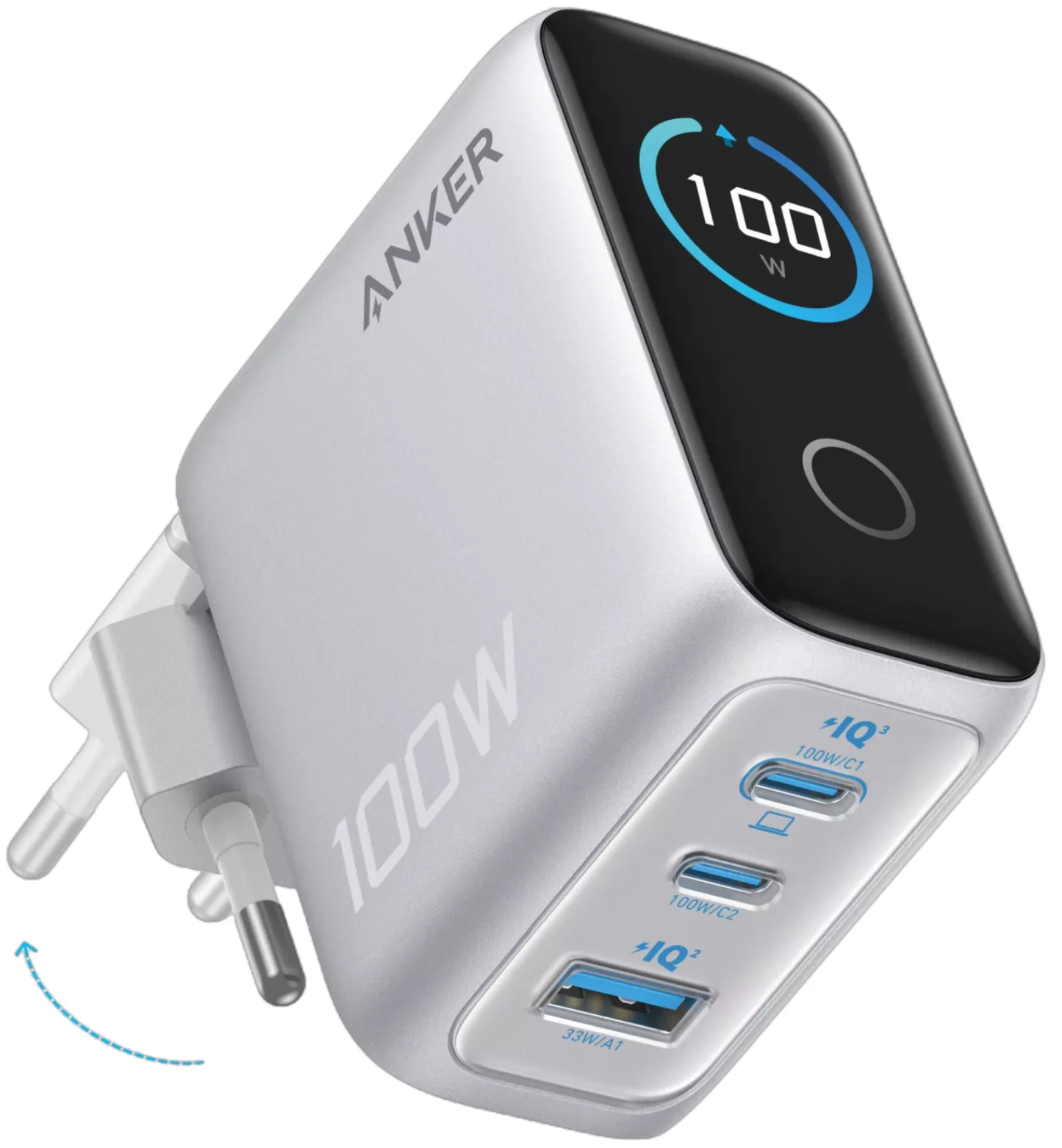 Netwerkoplader met USB-C Kabel Anker Smart Display, 100W, 5A, 1 x USB-A - 2 x USB-C, Zilver B121BG41