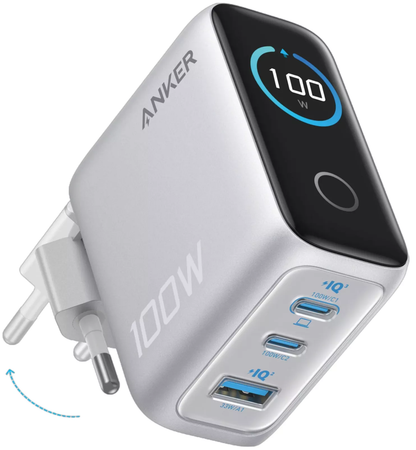 Netwerkoplader met USB-C Kabel Anker Smart Display, 100W, 5A, 1 x USB-A - 2 x USB-C, Zilver B121BG41