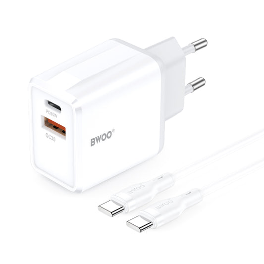 Netwerkoplader met USB-C Kabel BWOO CDA182, 38W, 3A, 1 x USB-A - 1 x USB-C, Wit