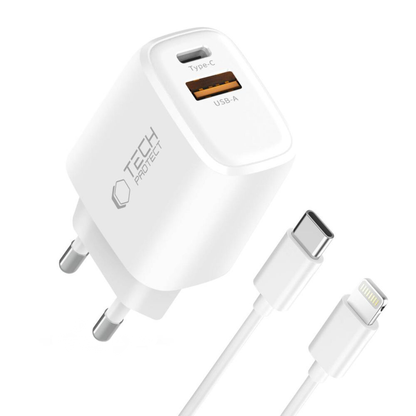Netlader met Lightning-kabel Tech-Protect NCA20, 20W, 3A, 1 x USB-A - 1 x USB-C, Wit