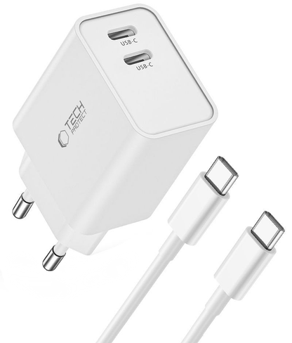 Netlader met USB-C-kabel Tech-Protect C35W, 35W, 3A, 2 x USB-C, Wit