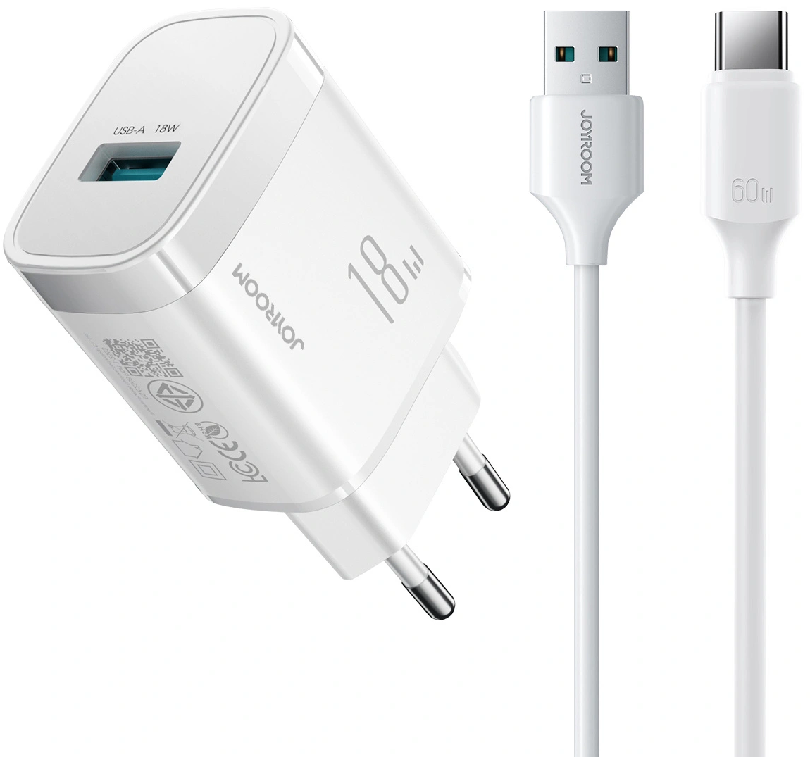 Netlader met USB-C-kabel Joyroom JR-TF4, 18W, 3A, 1 x USB-A, Wit
