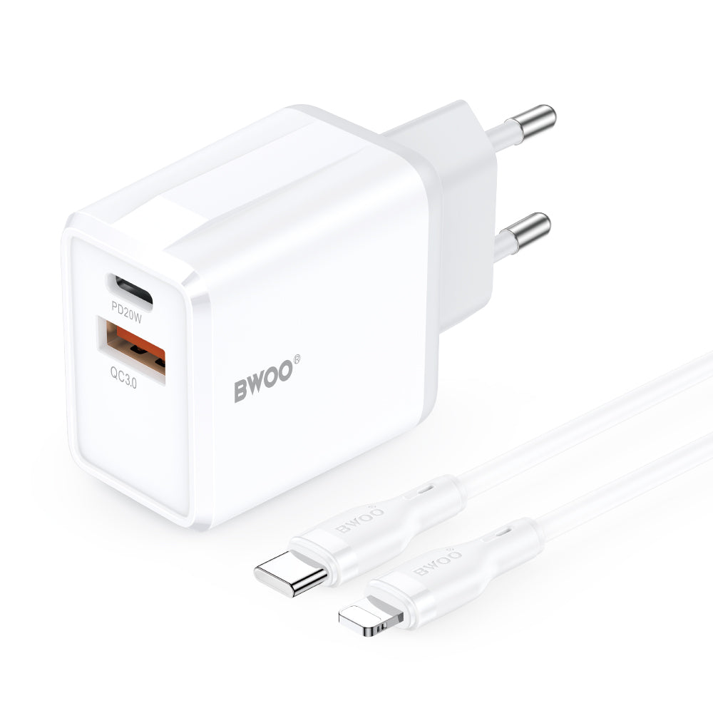Netlader met Lightning-kabel BWOO CDA182, 38W, 3A, 1 x USB-A - 1 x USB-C, Wit
