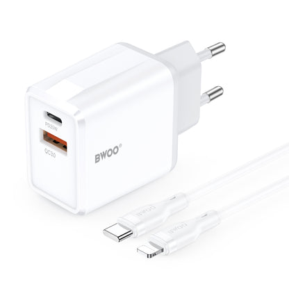 Netlader met Lightning-kabel BWOO CDA182, 38W, 3A, 1 x USB-A - 1 x USB-C, Wit