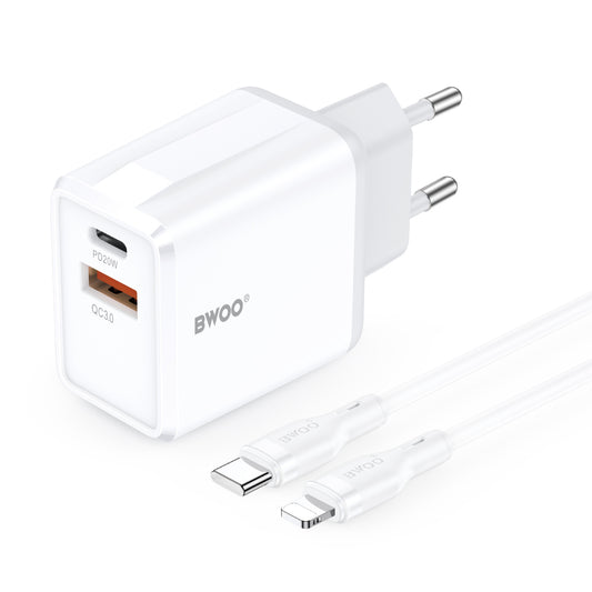 Netlader met Lightning-kabel BWOO CDA182, 38W, 3A, 1 x USB-A - 1 x USB-C, Wit