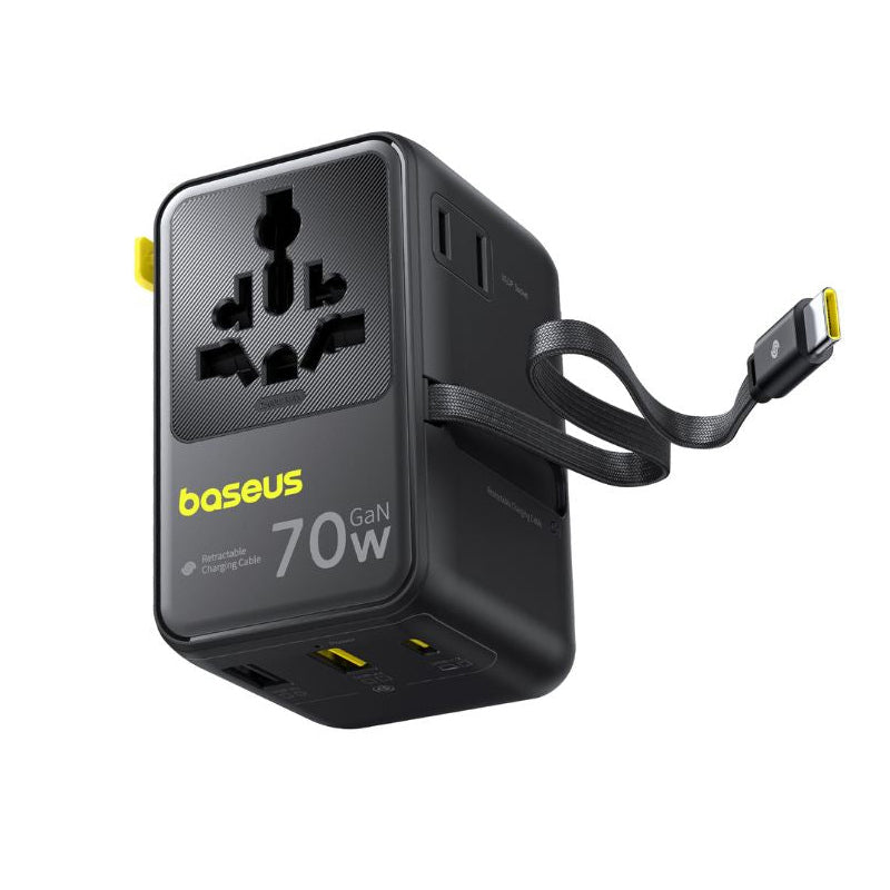 Netlader met USB-C-kabel Baseus Travel EnerCore CG11, 70W, 2 x Stopcontact - 1 x USB-C - 2 x USB-A, Zwart E0307E00