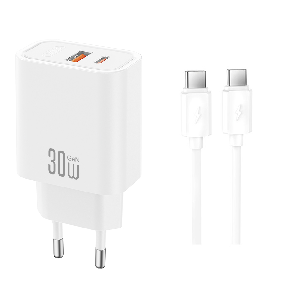 Netlader met USB-C-kabel XO Design CE42, 30W, 3A, 1 x USB-A - 1 x USB-C, Wit