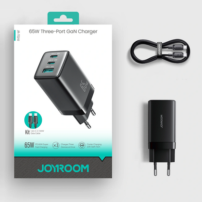 Netlader met USB-C-kabel Joyroom JR-TG10, 65W, 3,25A, 1 x USB-A - 2 x USB-C, Zwart