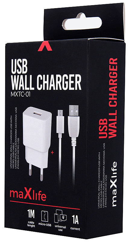 MaXlife MXTC-01 Mains Charger With MicroUSB Cable, 5W, 1A, 1 x USB-A, White