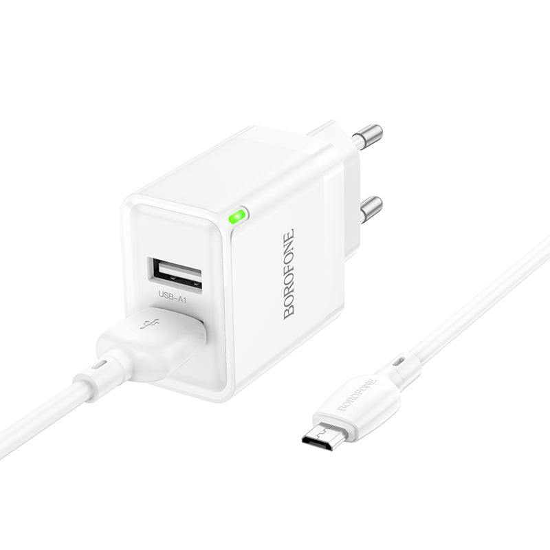 Netwerkoplader met microUSB-kabel Borofone BN15 Sterk, 10,5W, 2,1A, 2 x USB-A, Wit 