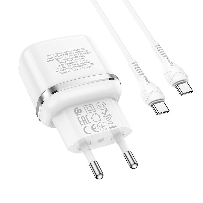 HOCO Victorious N24, 20W, 3A, 1 x USB-C, 1 x USB-C, Wit 