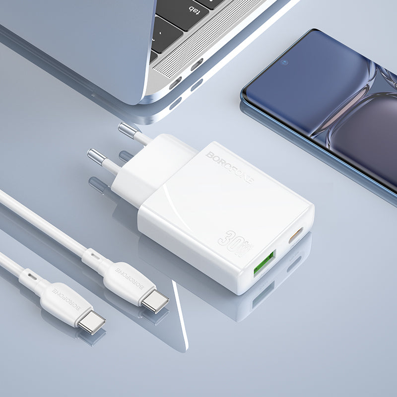 Netwerkoplader met USB-C kabel Borofone BN25 Wish, 30W, 3A, 1 x USB-A - 1 x USB-C, Wit 