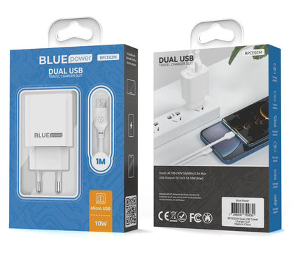 Blue Power BPCE02M MicroUSB Cable Charger, 10.5W, 2.1A, 2 x USB-A, White