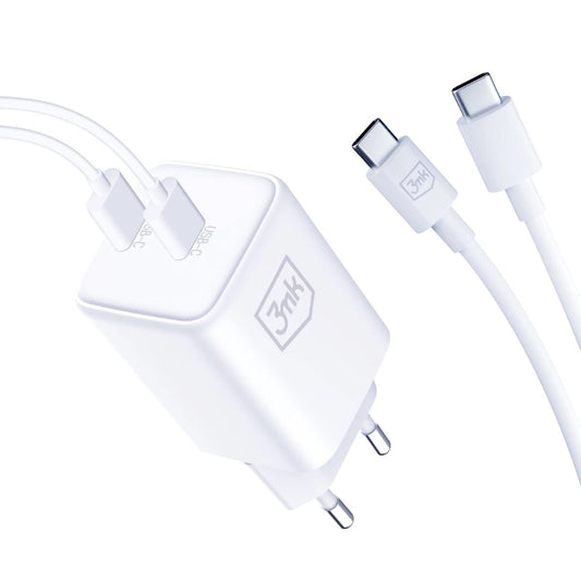 3MK HyperCharger Netwerkoplader met USB-C kabel, 45W, 3A, 2 x USB-C, Wit 