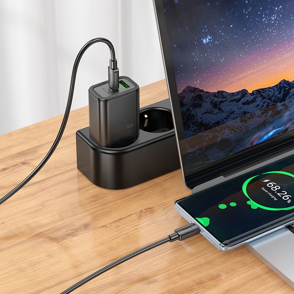 Netwerkoplader met USB-C Kabel HOCO N63, 30W, 3A, 1 x USB-A - 1 x USB-C, Zwart
