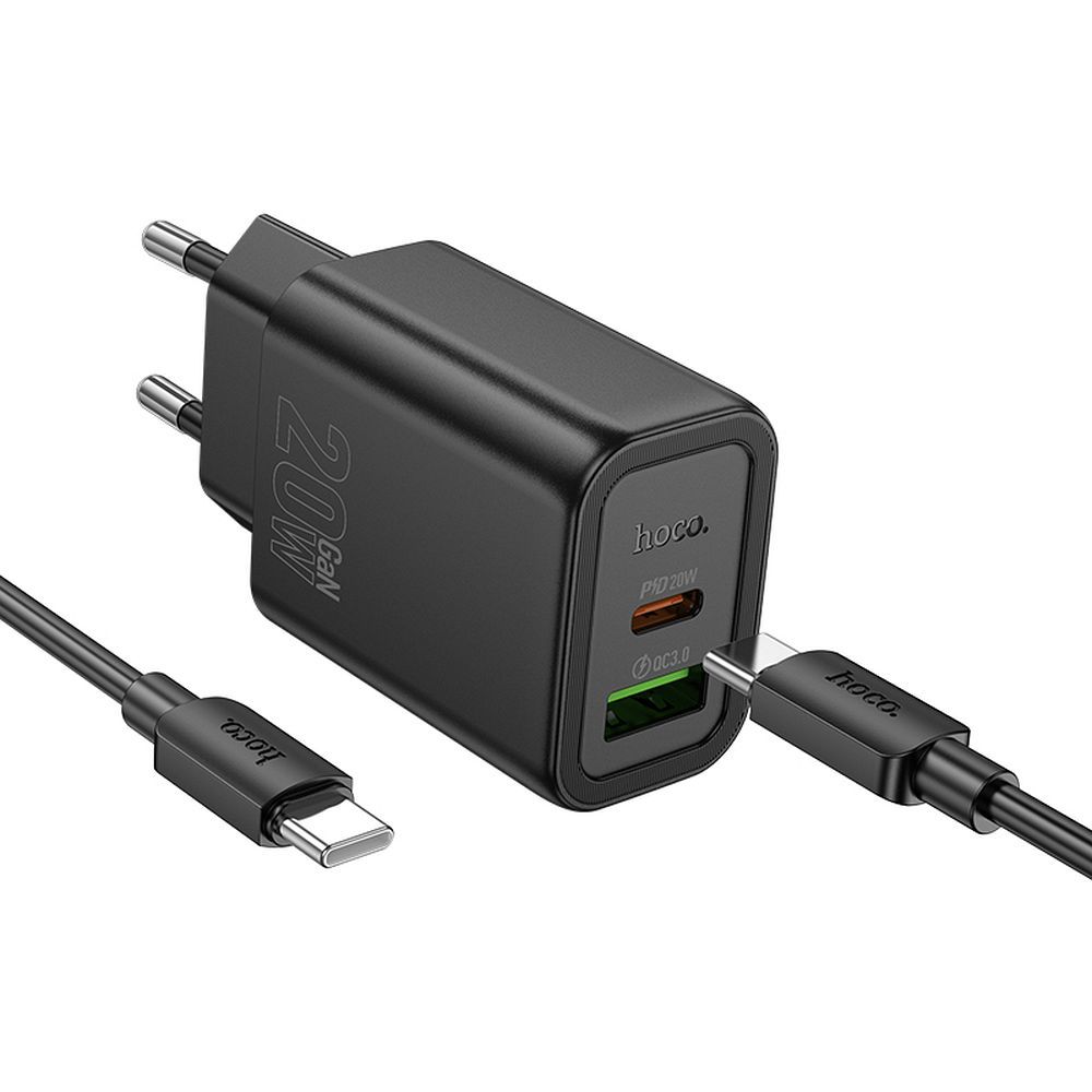 Netwerkoplader met Lightning-kabel HOCO N61, 20W, 3A, 1 x USB-A - 1 x USB-C, Zwart