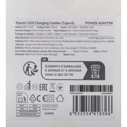 Xiaomi USB-C Netwerkoplader met Kabel, 33W, 3A, 1 x USB-A, Wit BHR9956EU