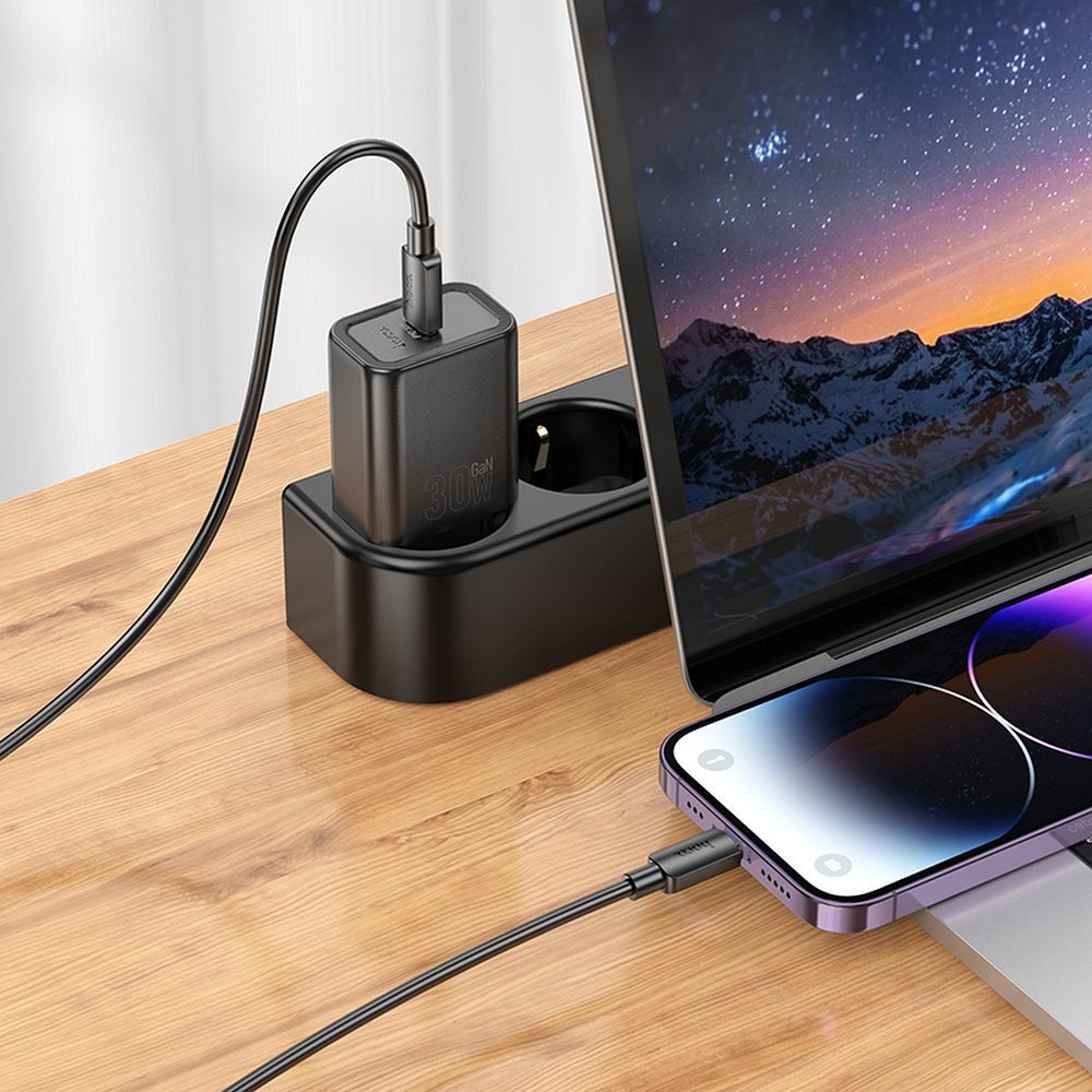 Network Charger with Lightning Cable HOCO N62, 30W, 3A, 1 x USB-C, Black