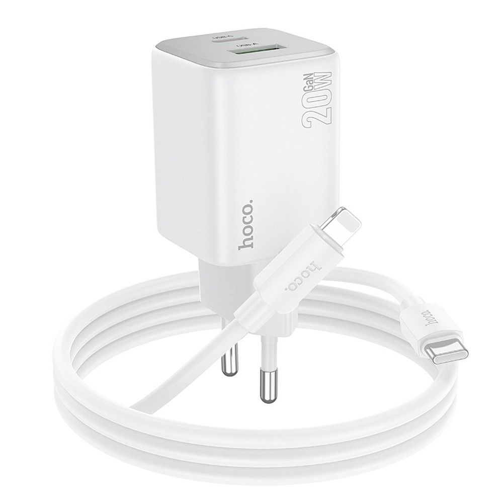 Netwerkoplader met Lightning-kabel HOCO N41, 20W, 3A, 1 x USB-A - 1 x USB-C, Wit