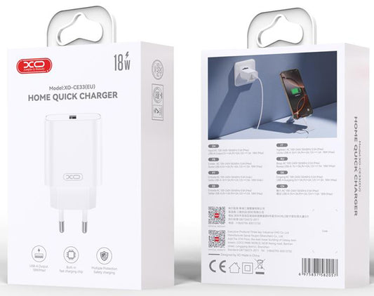 Netwerkoplader met Lightning Kabel XO Design CE33, 18W, 3A, 1 x USB-A, Wit