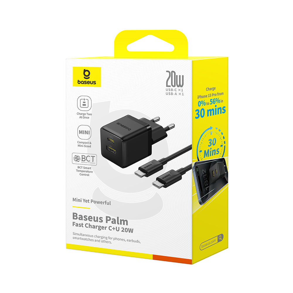 Netwerkoplader met USB-C Kabel Baseus Palm, 20W, 3A, 1 x USB-A - 1 x USB-C, Zwart P10111608113-01