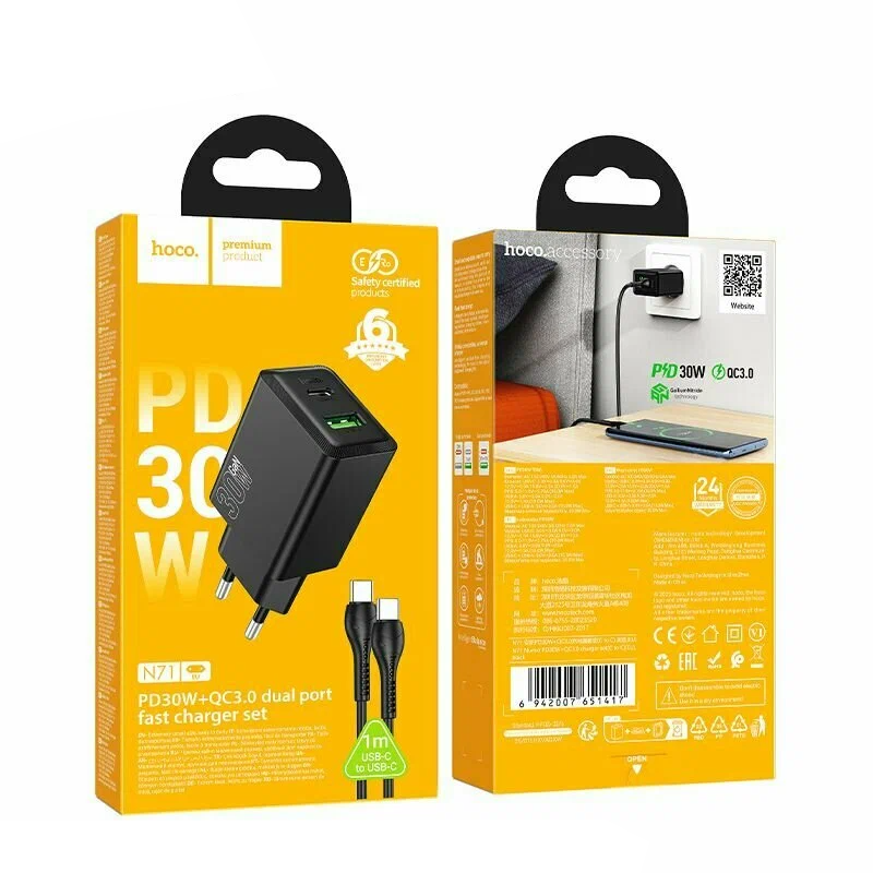 Netwerkoplader met USB-C Kabel HOCO N71, 30W, 3A, 1 x USB-A - 1 x USB-C, Zwart