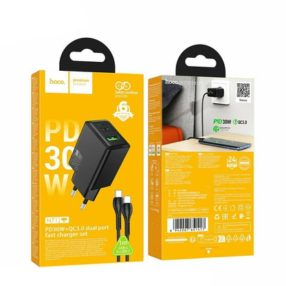 Netwerkoplader met USB-C Kabel HOCO N71, 30W, 3A, 1 x USB-A - 1 x USB-C, Zwart