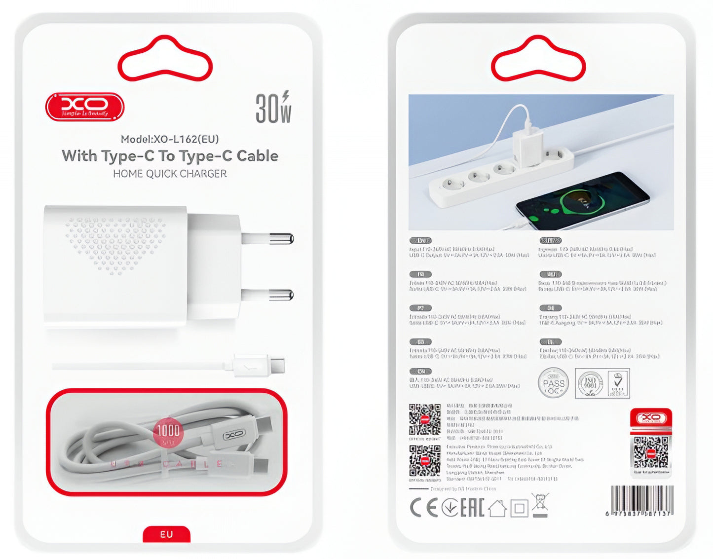 Network Charger with USB-C Cable XO Design L162, 30W, 3A, 1 x USB-C, White