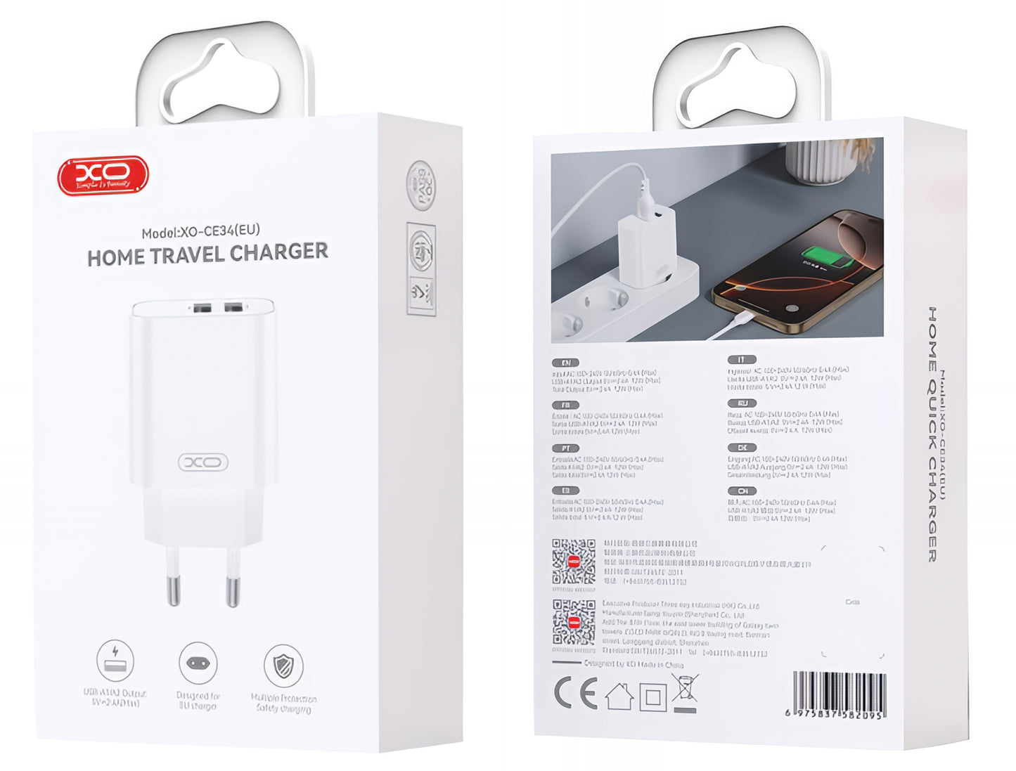 Netwerkoplader met Lightning Kabel XO Design CE34, 12W, 2.4A, 2 x USB-A, Wit