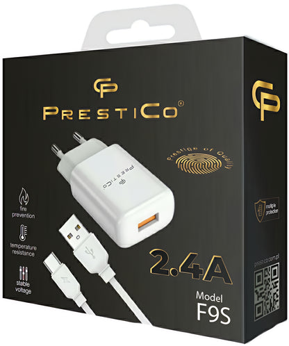 Netwerkoplader met USB-C Kabel Prestico F9S, 12W, 2.4A, 1 x USB-A, Wit