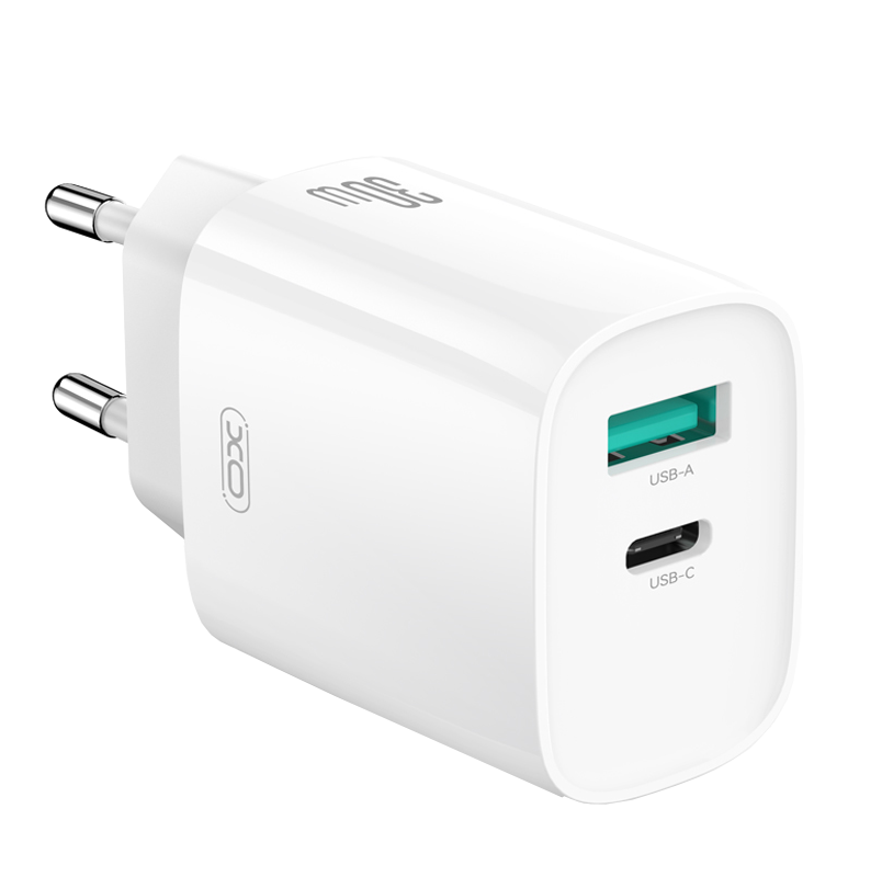 Network Charger with Lightning Cable XO Design CE30, 30W, 3A, 1 x USB-A - 1 x USB-C, White