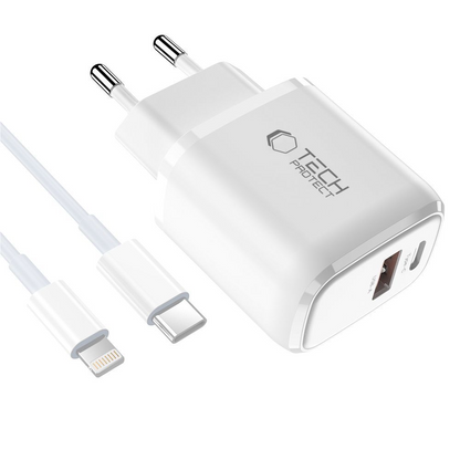 Netlader met Lightning-kabel Tech-Protect NCA20, 20W, 3A, 1 x USB-A - 1 x USB-C, Wit