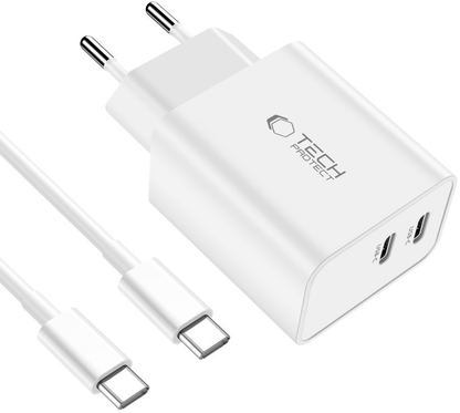 Netlader met USB-C-kabel Tech-Protect C35W, 35W, 3A, 2 x USB-C, Wit