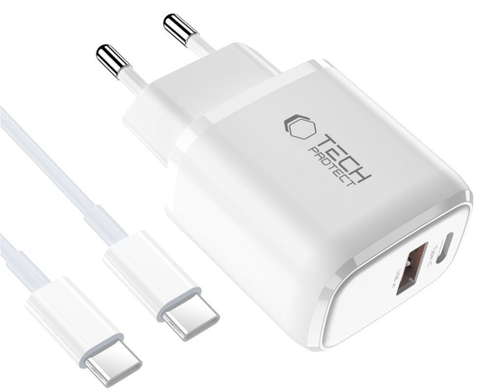 Netlader met USB-C-kabel Tech-Protect NCA20, 20W, 3A, 1 x USB-A - 1 x USB-C, Wit