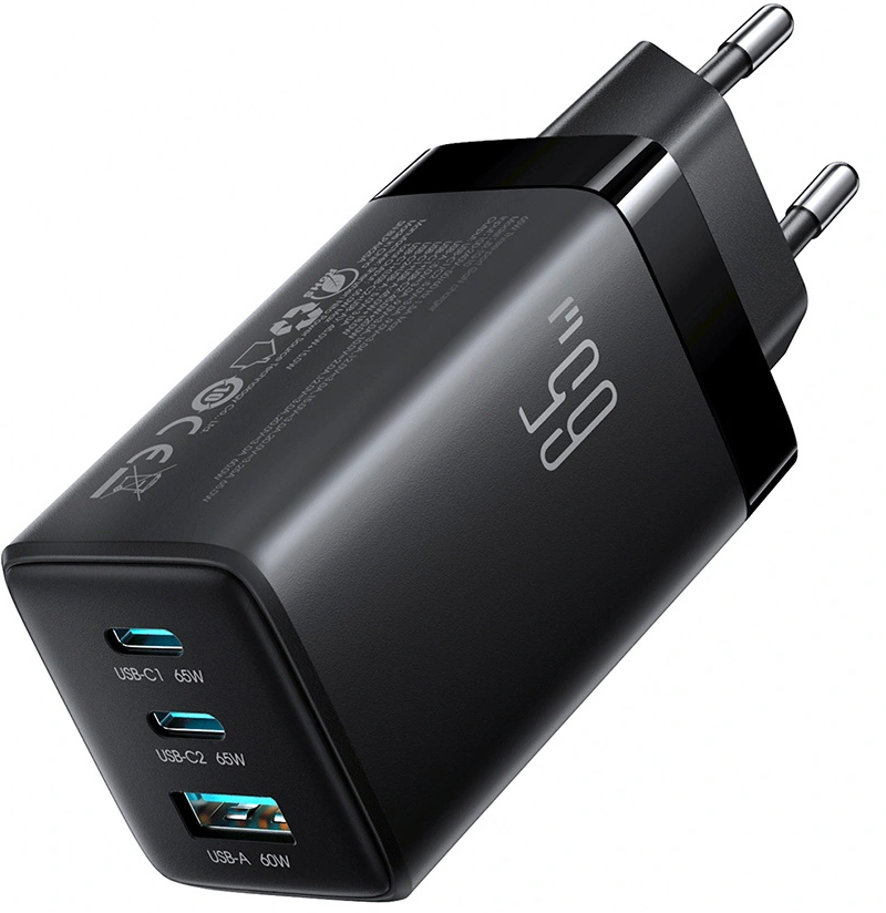 Netlader met USB-C-kabel Joyroom JR-TG10, 65W, 3,25A, 1 x USB-A - 2 x USB-C, Zwart