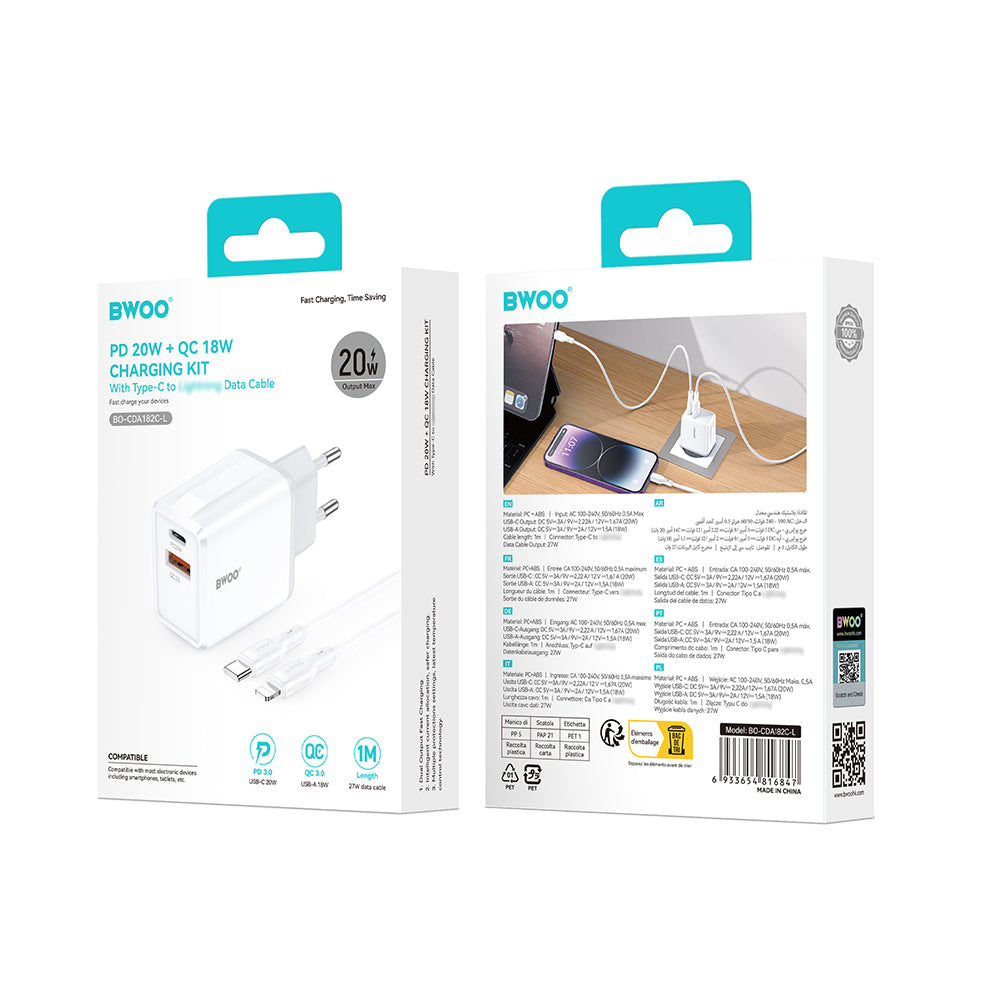 Netlader met Lightning-kabel BWOO CDA182, 38W, 3A, 1 x USB-A - 1 x USB-C, Wit