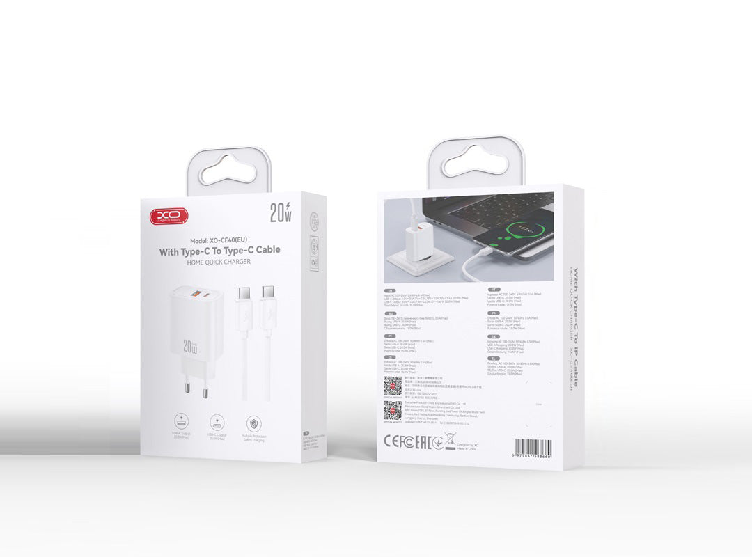 Netlader met USB-C-kabel XO Design CE40, 20W, 3A, 1 x USB-A - 1 x USB-C, Wit