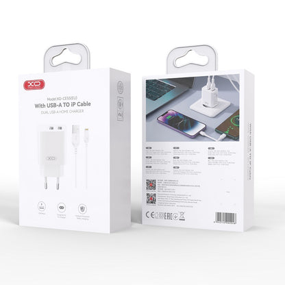 XO Design CE55-netoplader met Lightning-kabel, 12 W, 2,4 A, 2 x USB-A, wit