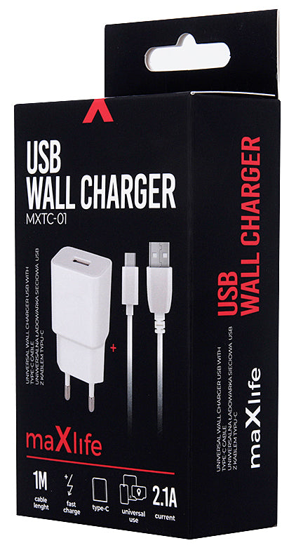 Netlader met USB-C-kabel MaXlife MXTC-01, 10,5W, 2,1A, 1 x USB-A, Wit