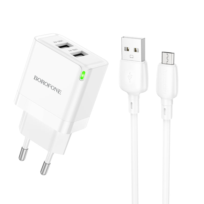 Netwerkoplader met microUSB-kabel Borofone BN15 Sterk, 10,5W, 2,1A, 2 x USB-A, Wit 