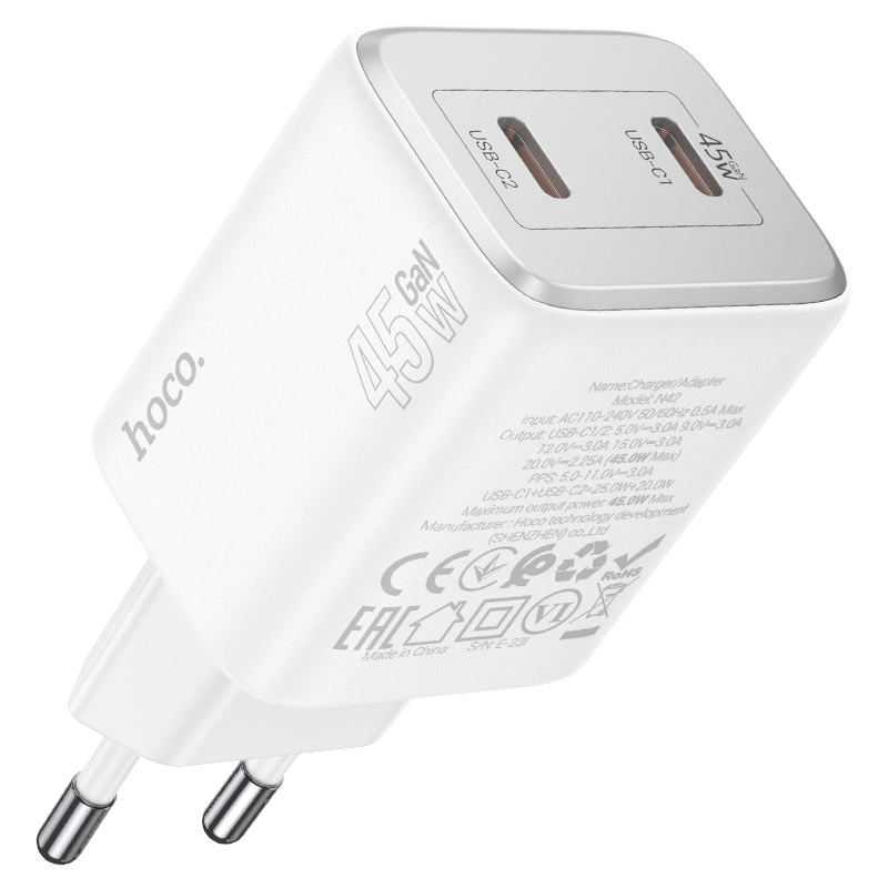 Netwerkoplader met Lightning-kabel HOCO N42, 45 W, 3 A, 2 x USB-C, Wit 