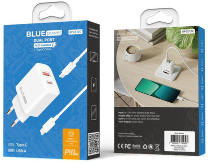 Blue Power BPCE12C USB-C Cable Charger, 20W, 3A, 1 x USB-A - 1 x USB-C, White