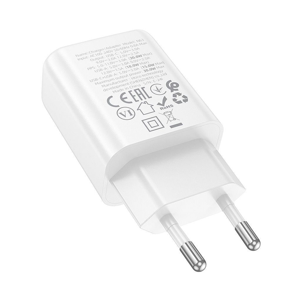 Netwerkoplader HOCO N63, 30W, 3A, 1 x USB-A - 1 x USB-C, Wit
