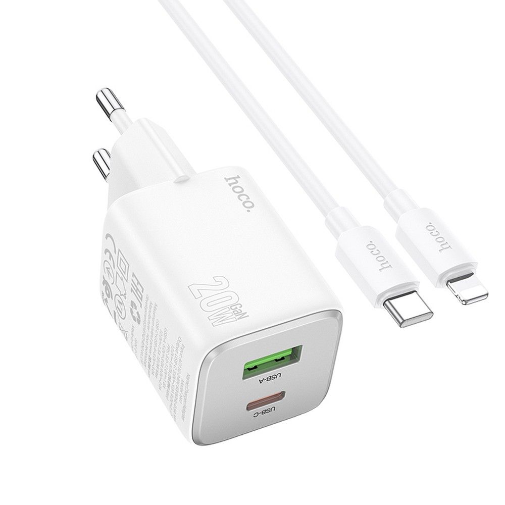 Netwerkoplader met Lightning-kabel HOCO N41, 20W, 3A, 1 x USB-A - 1 x USB-C, Wit