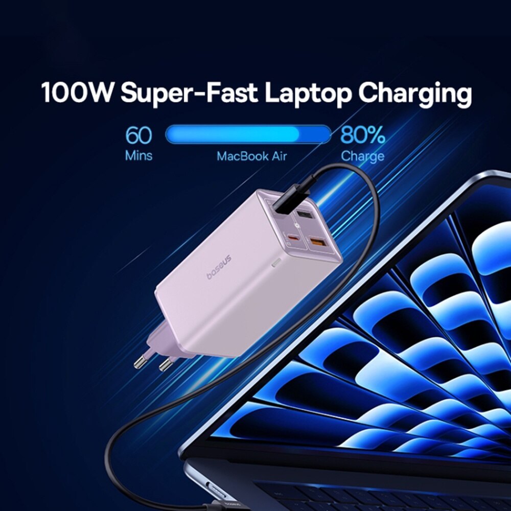 Netwerkoplader met USB-C Kabel Baseus GaN6 Pro, 100W, 3.25A, 2 x USB-A - 2 x USB-C, Paars P10162705532-00