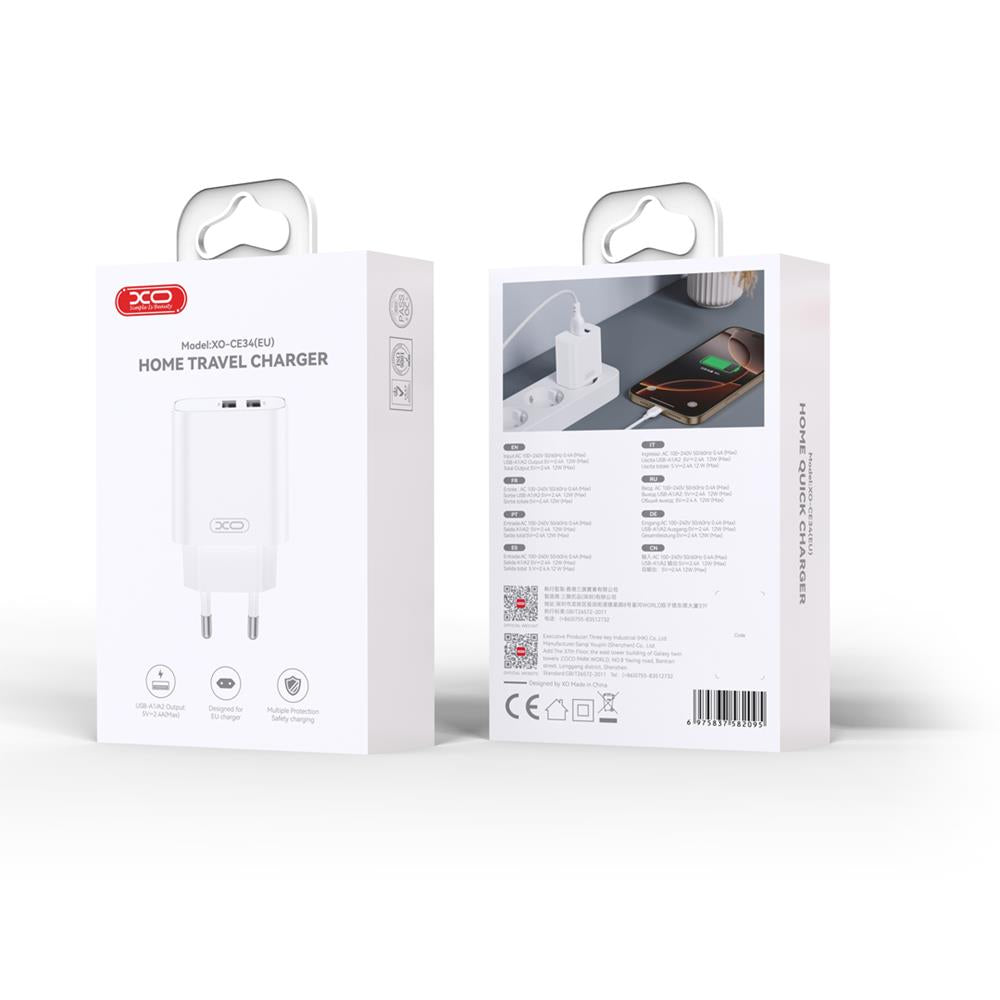 Netwerkoplader met microUSB-kabel XO Design CE34, 12W, 2.4A, 2 x USB-A, Wit