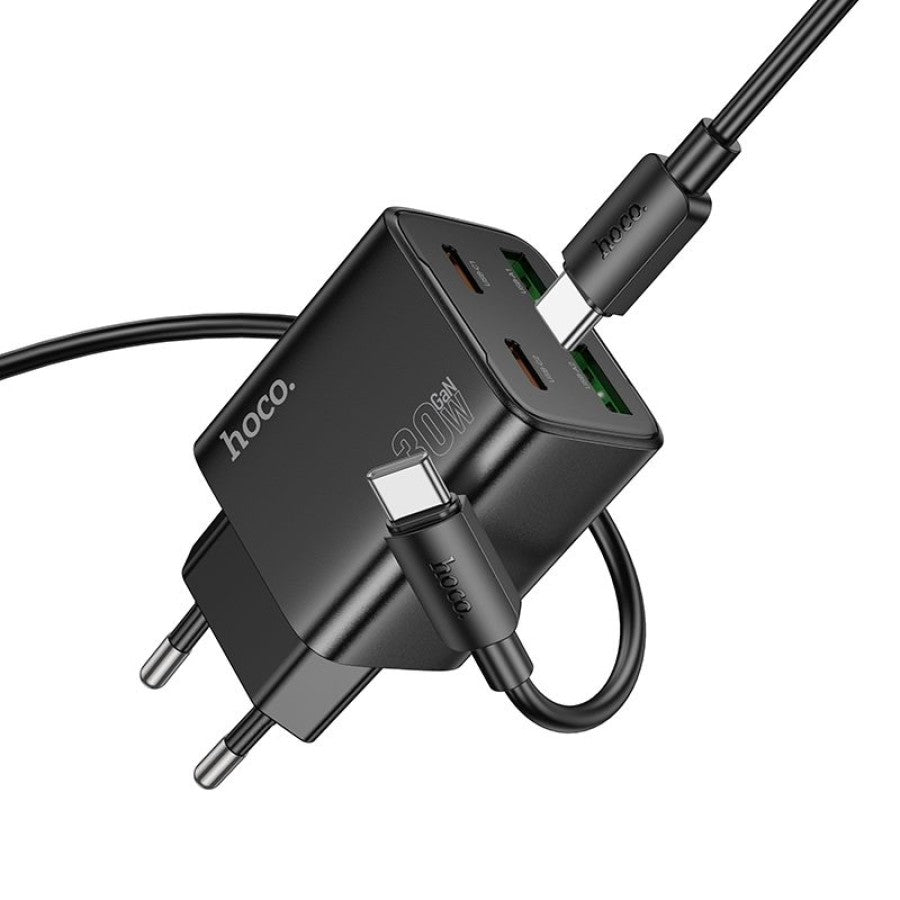Netwerkoplader met USB-C Kabel HOCO N56, 30W, 3A, 2 x USB-A - 2 x USB-C, Zwart