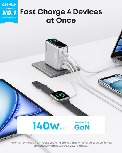 Netwerkoplader met USB-C Kabel Anker Zolo, 140W, 5A, 1 x USB-A - 3 x USB-C, Zilver B2697G41