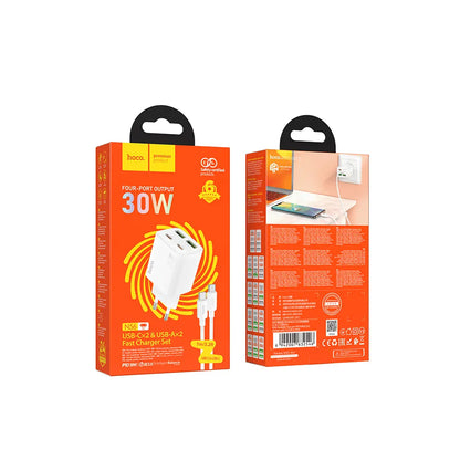 Netwerkoplader met USB-C Kabel HOCO N56, 30W, 3A, 2 x USB-A - 2 x USB-C, Wit