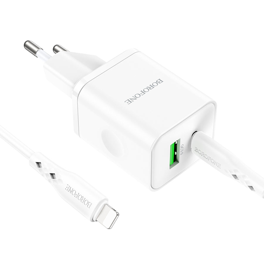 Network Charger with Lightning Cable Borofone BN7, 20W, 3A, 1 x USB-A - 1 x USB-C, White